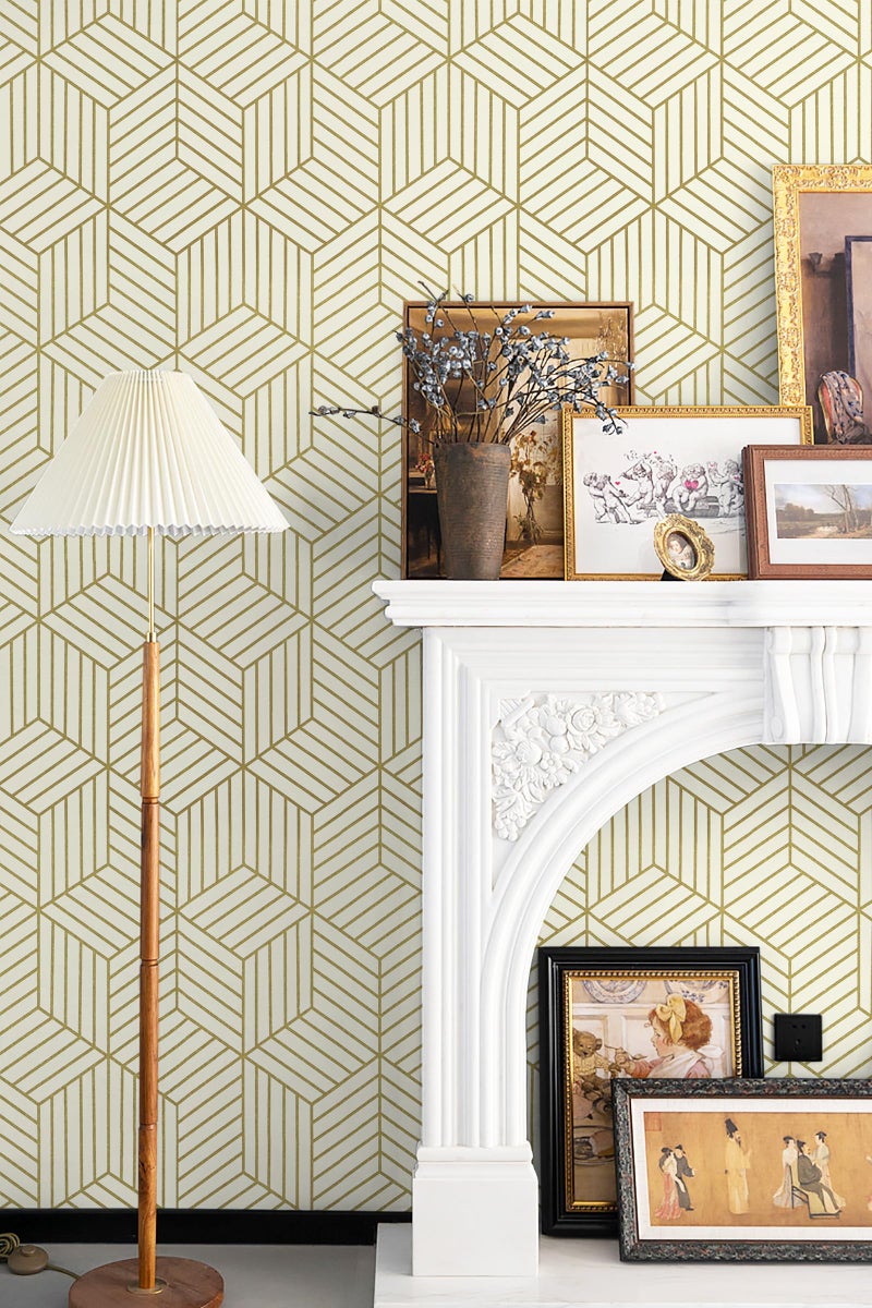 CiCiwind Beige and Gold Peel and Stick Wallpaper Gold Striped Hexagon Contact Paper Removable Self Adhesive Wall Paper Geometric Waterproof Vinyl for Wall Cabinet Shelf Drawer Decor 15.7"x472" - Image 3